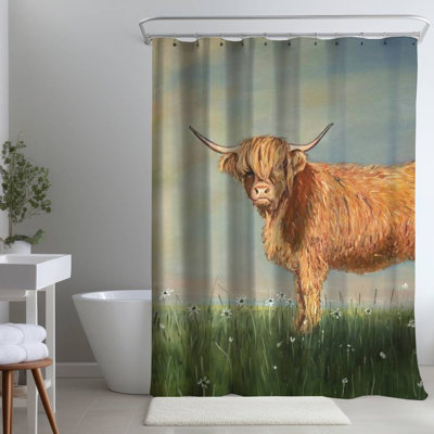 Farm Animals – Daisy the Highland Cow – Polyester Shower Curtain, Dye Sublimation Print, 71" W × 74" L