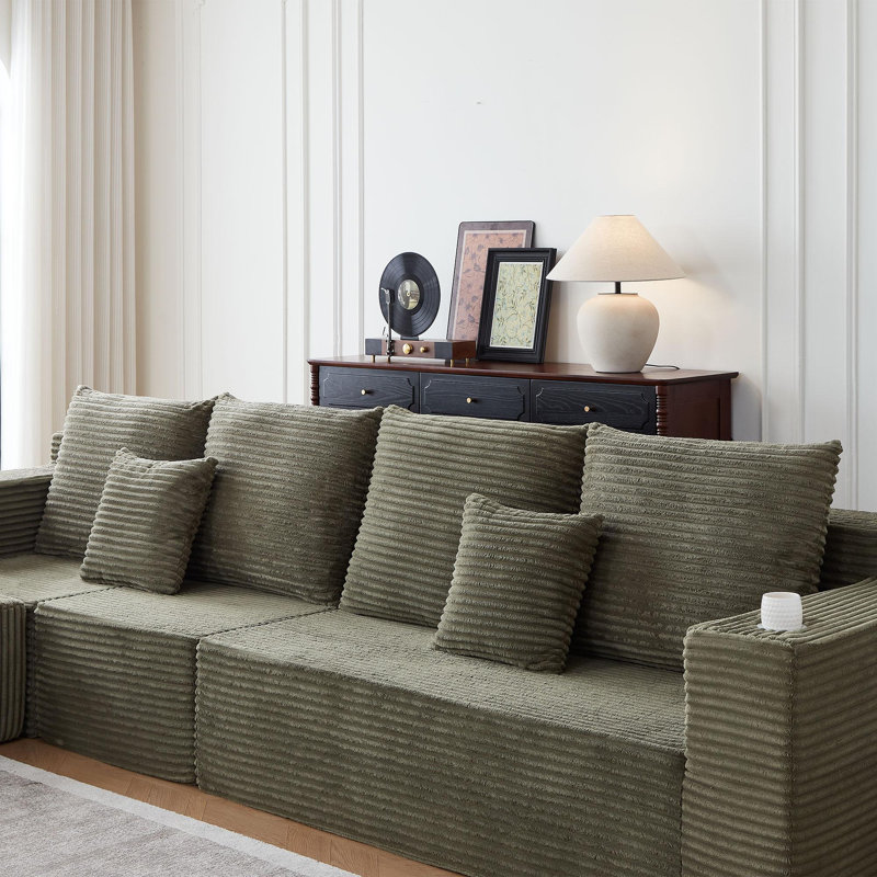 Canapé modulaire profond en velours côtelé avec porte-gobelets, aucun assemblage requis, Vert