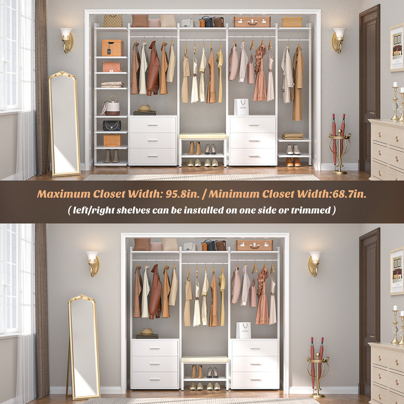68"-96" Closet Organizer With 6-Drawers,4 Clothing Rack, White