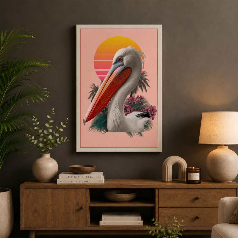 Pelican at Sunset Coastal - Wrapped Canvas, 30x20 - 76.2 x 50.8 cm, Teal Border