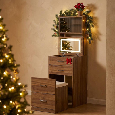 3-in-1 Vanity Desk with 3 Color LED, Compact Makeup Vanity Set with 2 AC Outlets & USB, Dressing Table with Drawers & Acrylic Doors, Nightstand Vanity Mirror, Jewelry Box, Cushioned Hidden Chair