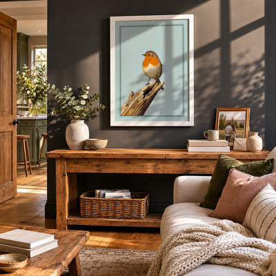 Robin on Branch Botanical - Framed Print