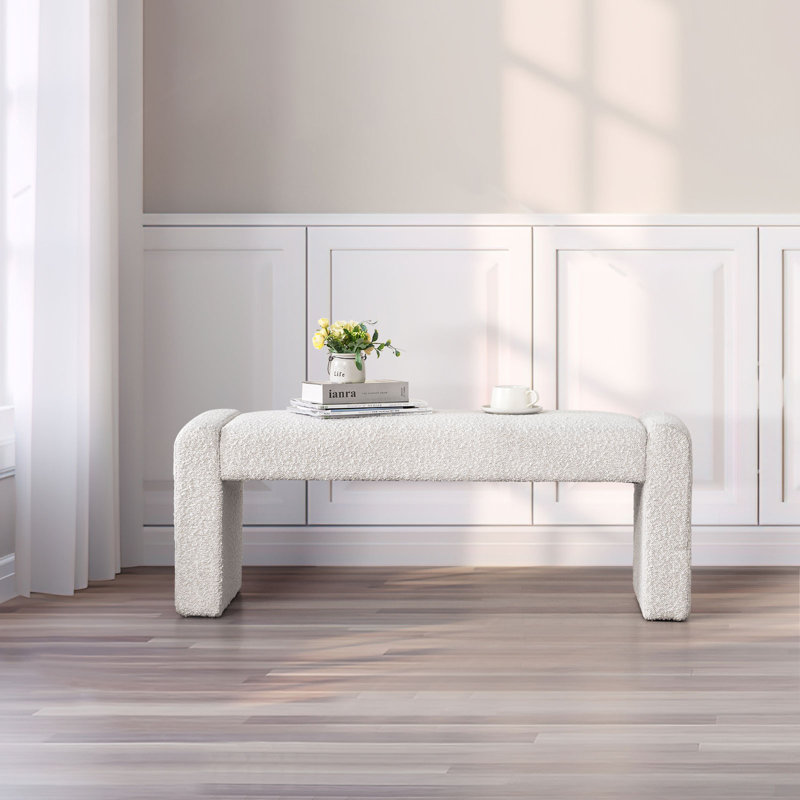 47" Boucle Upholstered Bench, White