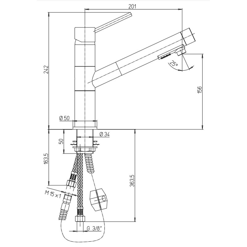 Cox Pull Out Single Lever Monobloc Tap, Brushed Nickel