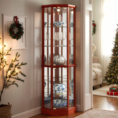  Vitrine de coin lumineuse 70 po, cage vitrée avec portes en verre trempé et tablettes réglables, armoire de rangement pour bouteilles de vin et bar