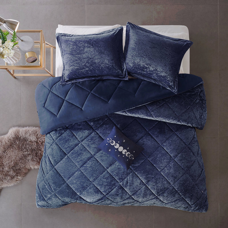 Ensemble d'édredon en velours simple / simple TG avec coussin décoratif, Marine