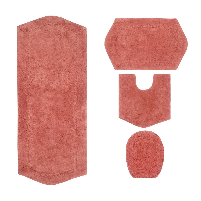 Waterford 4 Piece Bath Mat Set with Lid Cover, Quick Dry, Machine Washable Rugs, Absorbent, Coral