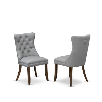 Dallas Parsons Dining Chairs - Button Tufted Nailhead Light Gray Polyester Fabric Upholstered Chairs, Set of 2, Antique Walnut