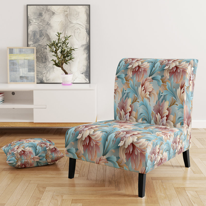 Fauteuil de chambre rose et bleu damassé en fleurs - rembourré de style bohémien et éclectique