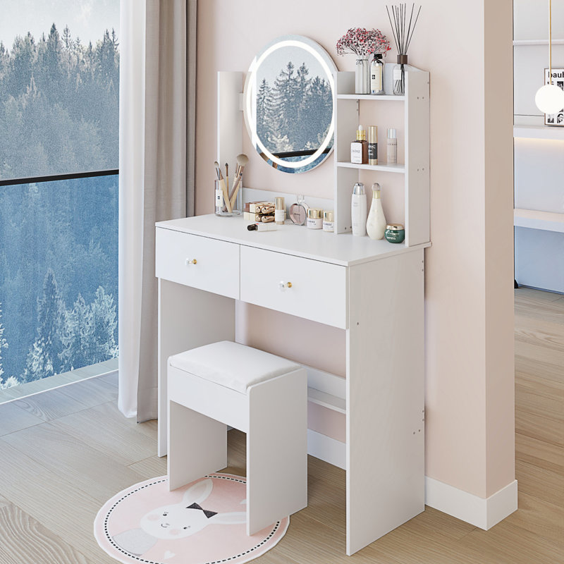 Table de meuble-lavabo à miroir rond de 17 pouces à DEL avec tabouret à coussin moelleux, luminosité réglable et rangement multicouche pour les petits espaces