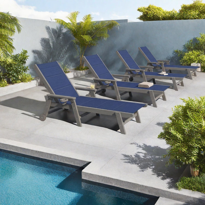 Ensemble de 2 chaises longues réglables pour patio, PEHD bleu marine moderne, piscine