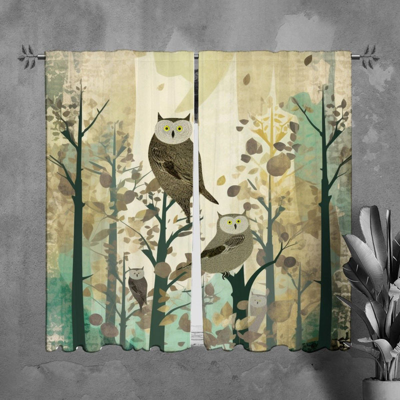 Hibou rideaux de fenêtre animaux drapés verts, L 40 po x L 61 po