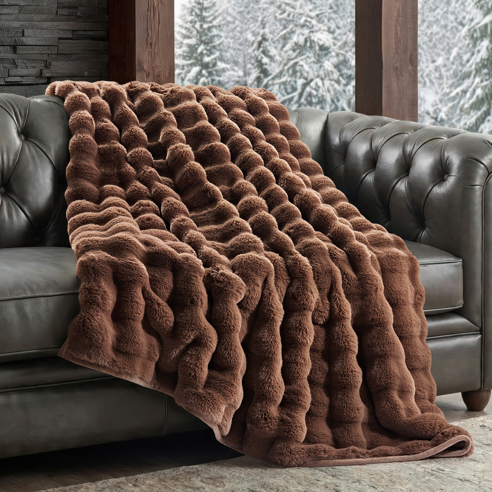 Faux Fur Weighted Throw Blanket, 80" L x 60" W, Chestnut