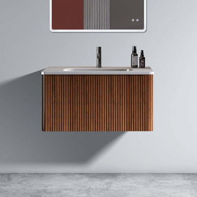 Meuble-lavabo mural moderne à rayures avec lavabo en céramique H 15,6 po x l 29,9 po x P 18,3 po