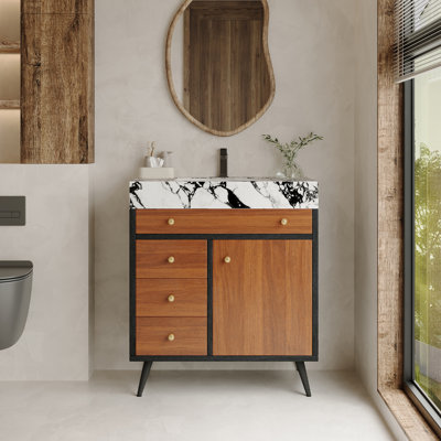 Meuble-lavabo moderne autoportant avec lavabo en céramique et plateau en pierre frittée