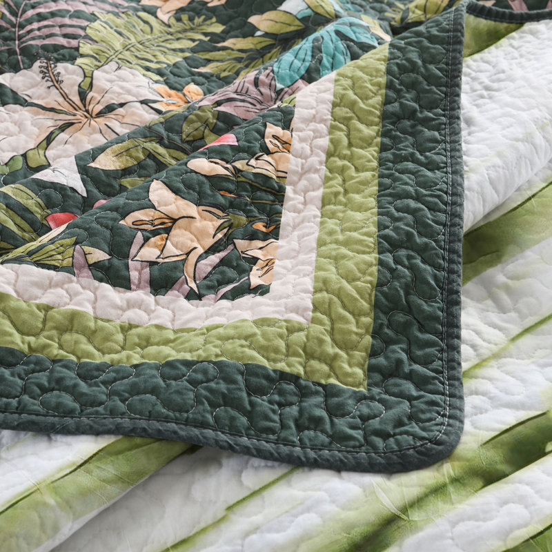 3 Pcs Lightweight Polyester Tropical Leaf and Flower Quilt Bedspread Set, Dark Green Floral, King Quilt + 2 King Shams