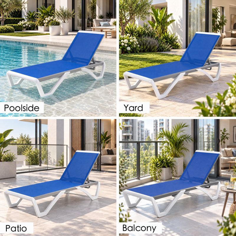 Kozyard Outdoor Chaise Lounge Chair, Full Flat Adjustable Patio Lounger with Aluminum Frame & Resin Legs, Textilene Fabric for Poolside, Backyard & Beach (Blue, W/O Table)
