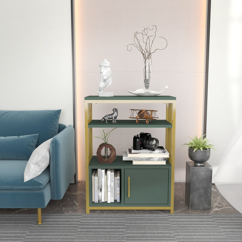 Bibliothèque moderne verte et dorée, 23,6 po x 31,5 po x 11,6 po | 100% panneau de particules enduit de mélamine, épaisseur: 0,7 pouce | Solution de rangement élégante pour la maison ou le bureau, design élégant et durable