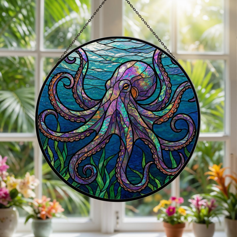 7.8"H Octopus Ocean Stained Glass Window Panel