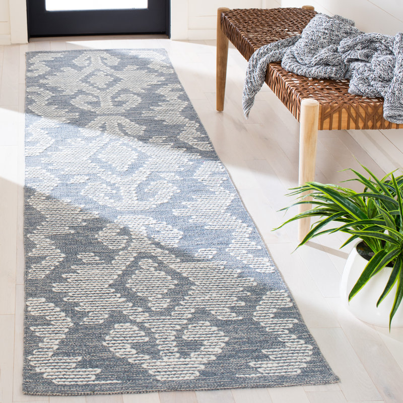 Alyun Hand Woven Cotton/Wool Southwestern Rug in Ivory/Blue, Runner 2'3" x 9'