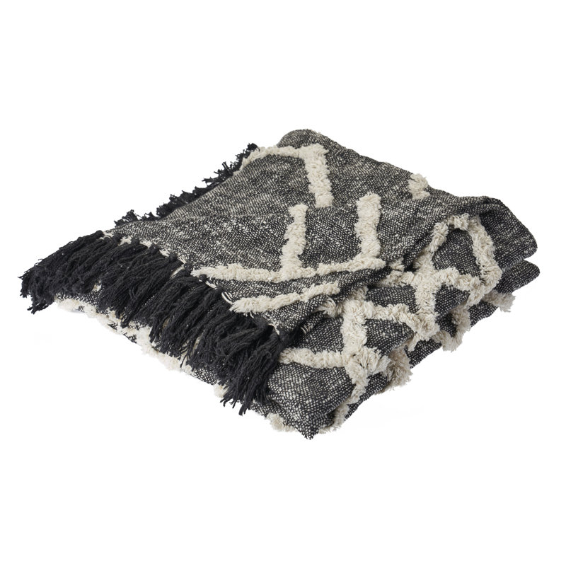 Handwoven Black and White Cotton Diamond Pattern Throw Blanket