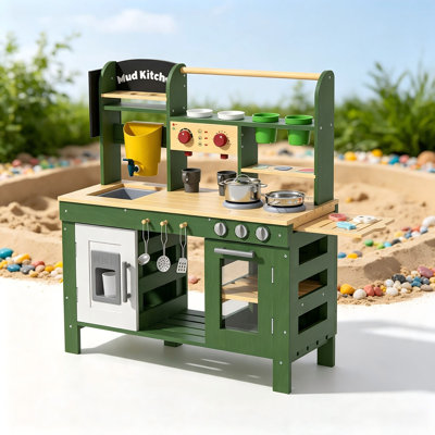 Cuisine de boue en bois pour enfants pour l'extérieur, cuisine de jeu avec barbecue, four, cafetière et machine à glaçons, ensemble d'évier à réservoir d'eau, ensemble de jeu pour grande cour avec accessoires pour tout-petits et enfants