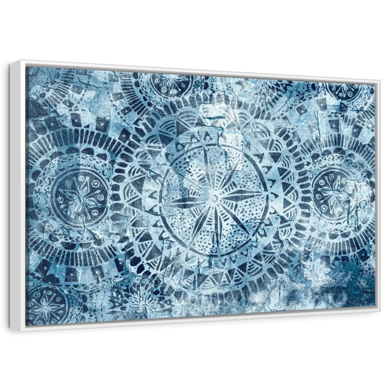 Mandalas tribaux bleus, Cadre flottant blanc, 43 po x 29 po