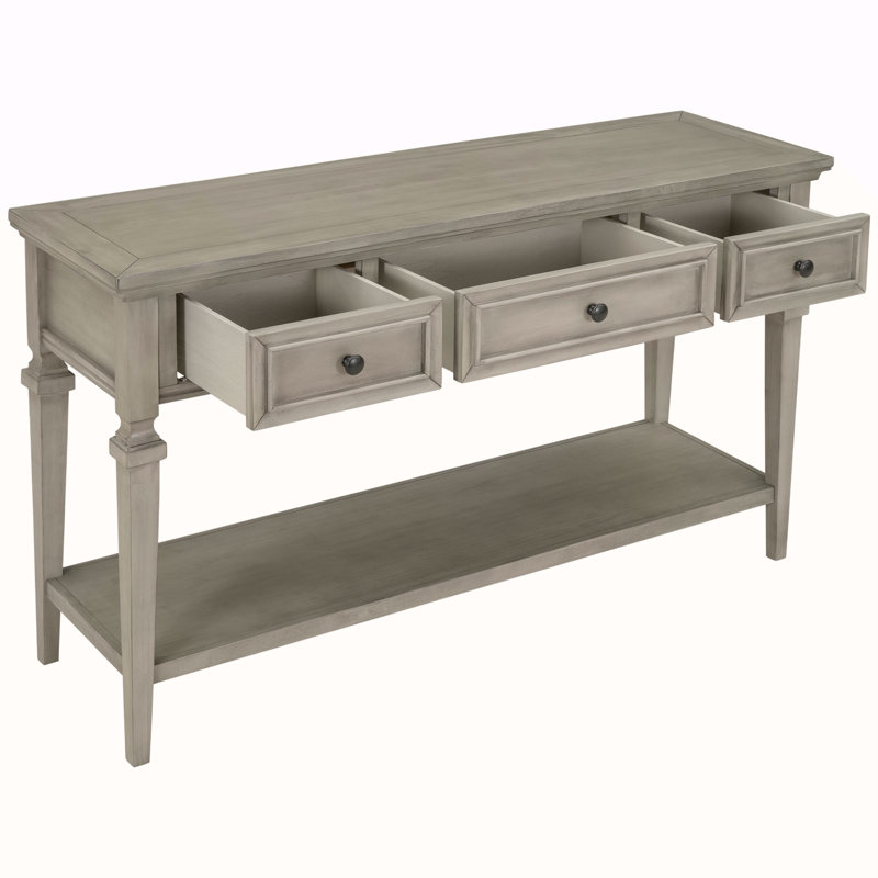 Console de style rétro classique avec trois tiroirs supérieurs et tablette inférieure ouverte, Gris délavé