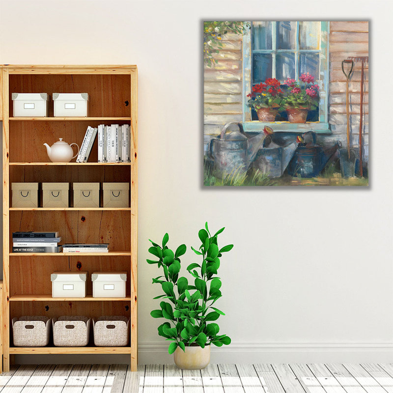 Fenêtre avec géraniums - reproduction d'art sur toile, H 20 po x l 20 po