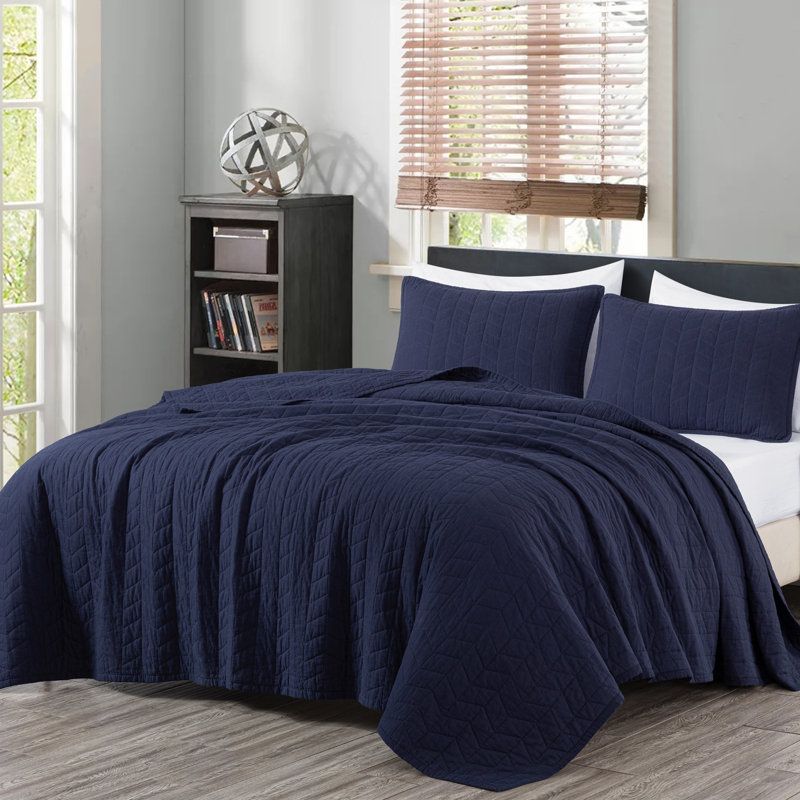 Solid Color Embroidery Stitching Cotton Quilt Sets Cotton Quilt, Queen Quilt + 2 Standard Shams, Navy
