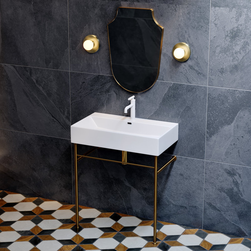 Claire 30" Ceramic Console Sink White Basin, White/Brushed Gold