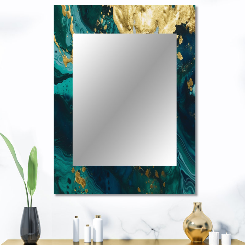 Teal and Gold Liquid Magic I - Abstract Decorative Wall Mirror, Teal Large Mirror, Printed Metal Art, 40" x 30"