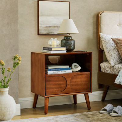 Nightstand With Charging Station USB Ports, Farmhouse End Table With Open Shelf And Drawer