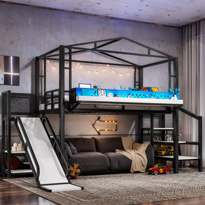 Lit mezzanine simple avec escalier de rangement, tablettes et garde-robe intégrée, structure de lit mezzanine en métal avec ports USB et lumières DEL, conception à bruit réduit, noir