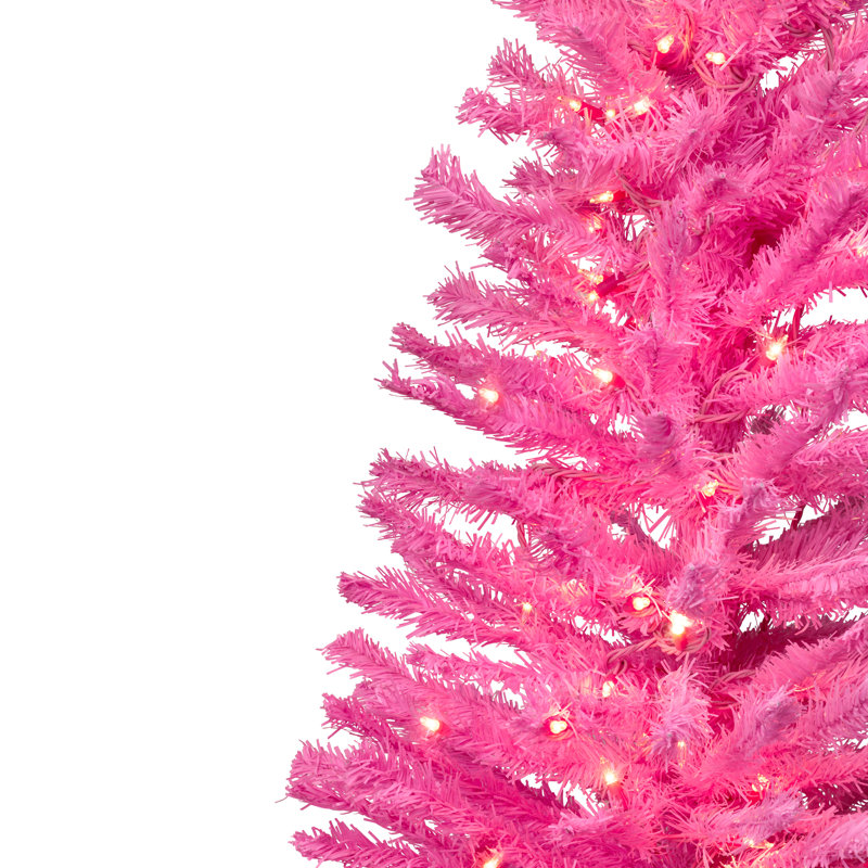 Pre-Lit Medium Artificial Pine Christmas Tree - Pink - Clear Lights, 4'