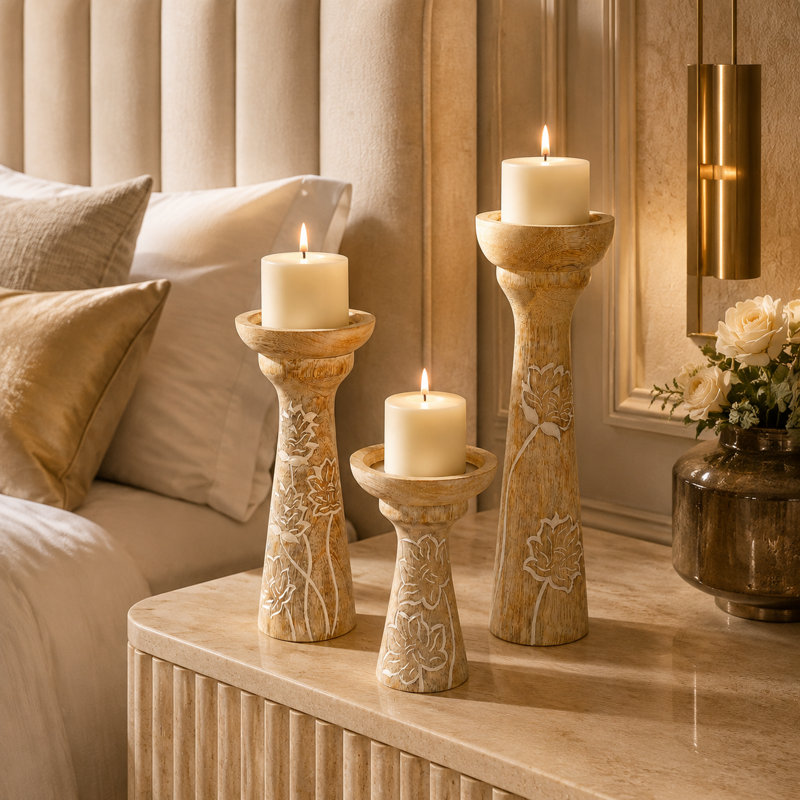 Ensemble de 3 porte-bougies floraux en bois de manguier - blanc rustique