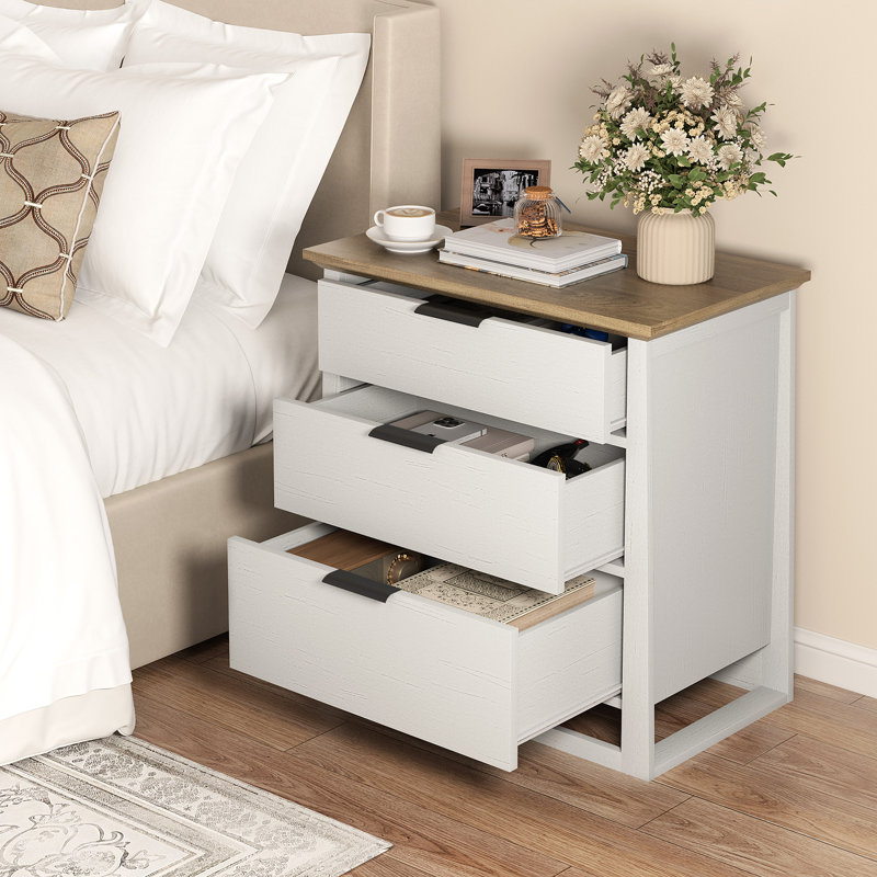 27"Tall Modern Nightstand with Storage,3-Drawers End Table for Living Room,Wood Bedside Table For Bedroom,Office, White/Brown