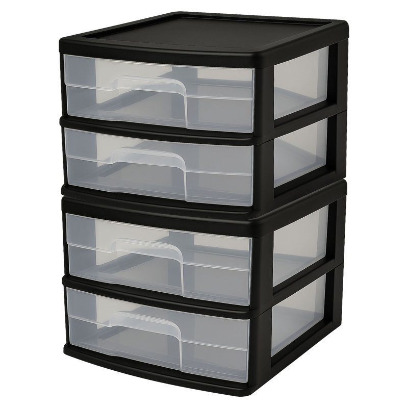  Chariot de rangement en plastique moyen 2 tiroirs, cadre noir avec tiroir transparent, paquet de 2, Noir