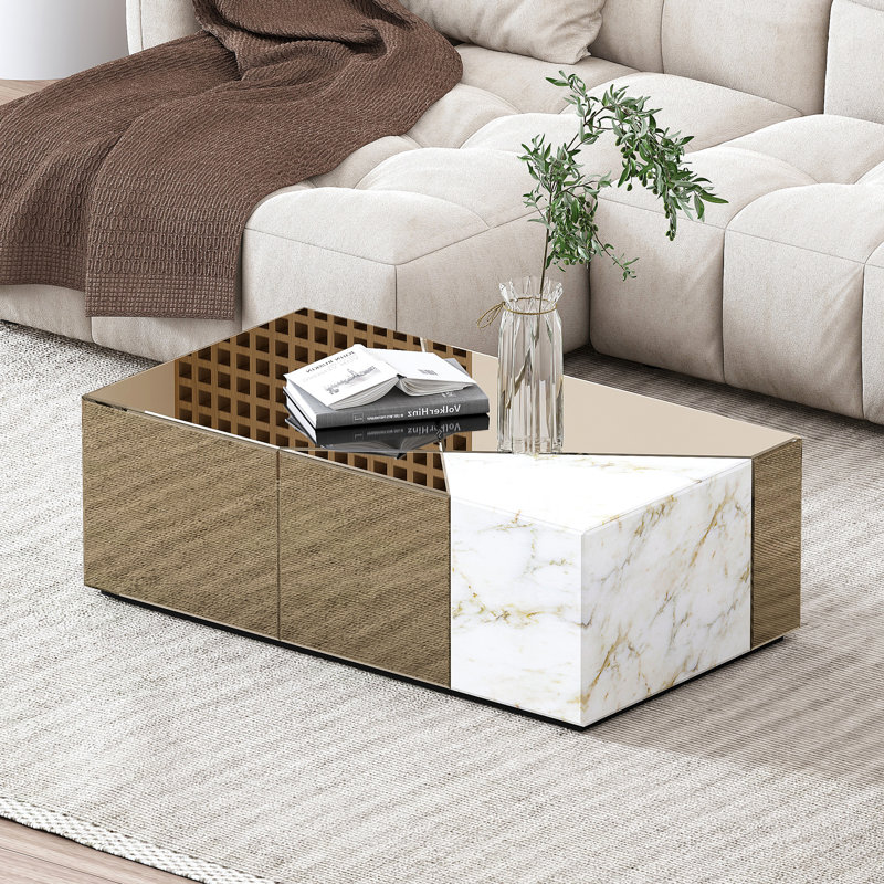 Benley 39.4''L Modern Glass Coffee Table, Brown/White