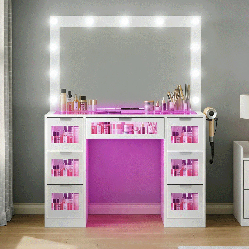 Bureau de coiffeuse avec miroir et lumières, table de coiffeuse à 7 tiroirs RVB, coiffeuse de maquillage avec station de charge et tabouret de coiffeuse, pour chambre à coucher, vestiaire, blanc