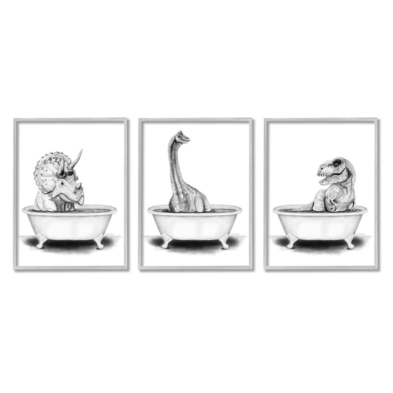 «Dinosaurs Bathing Bath Tub» par Rachel Nieman - ensemble de 3 impressions, H 30 po x l 24 po, Estampe numérique Farmhouse