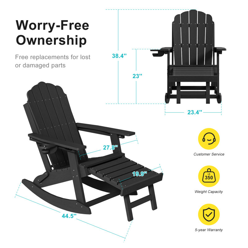 All-Weather HDPE Folding Adirondack Rocking Chair with Retractable Ottoman, 3-Position Adjustable Outdoor Rocking Chair for Patio, Gargen, Deck