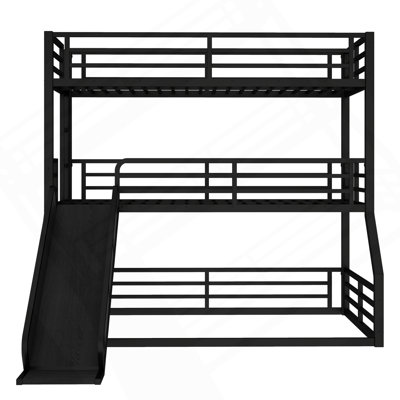 Twin Over Twin Over Full Bunk Bed With Slide, Metal Triple Bunk Bed With Safety Guardrails, Heavy-Duty Bunk Bed With Noise-Reduced Design, Black