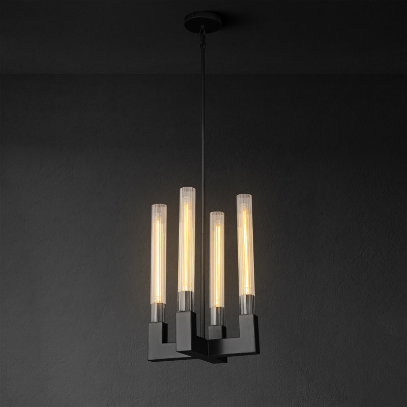 Lustre 4 lumières avec abat-jour en verre, Noir mat