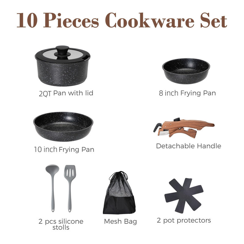 10-Piece Black Nonstick Stainless Steel Cookware Set with Detachable Handle