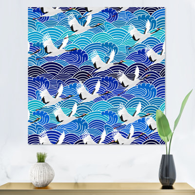 " Japanese Crane Birds On Blue Waves "