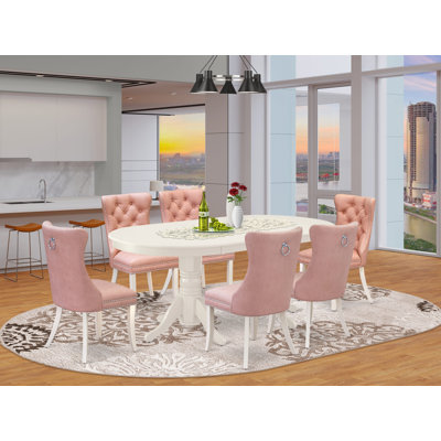 7 Piece Dinette Set Contains an Oval Dining Table with Removable leaf and 6 Upholstered Chairs, linen white