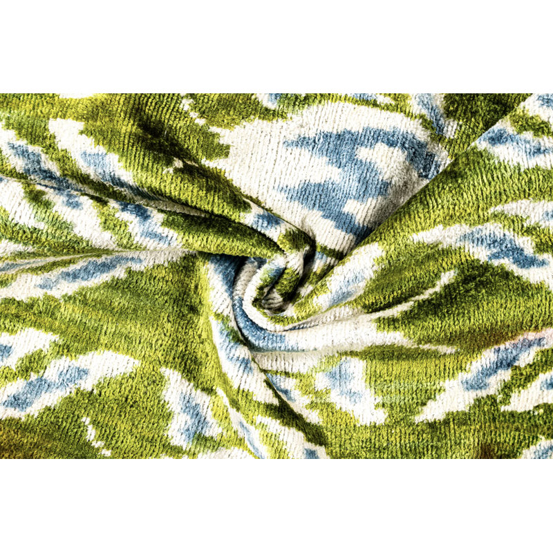 Handmade 16X16 Velvet Throw Pillow – Green, Blue, And White Ikat Pattern With Down Insert For Boho-Chic Deco
