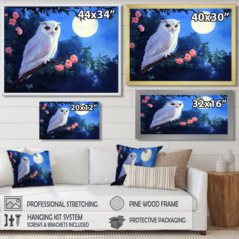 Chouette au clair de lune en dessin animé II - hibou, décoration murale, H 30 po x l 40 po, Cadre flottant, Doré