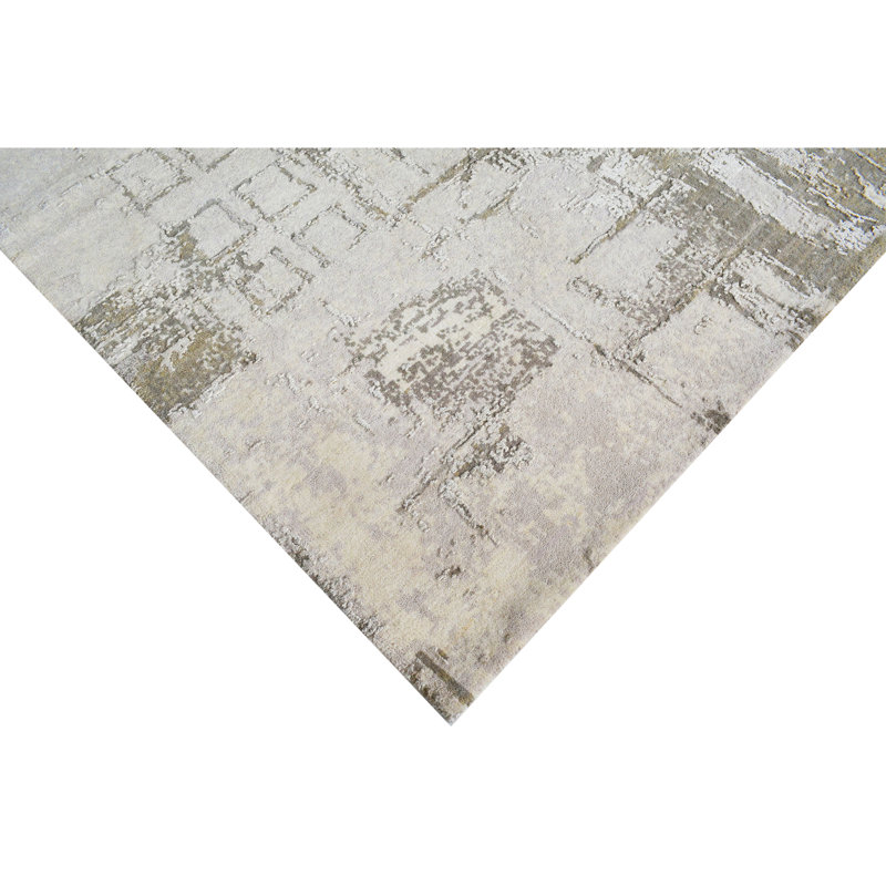 High-Quality Hand-Knotted Beige And Charcoal Area Rug, Rectangle 9' x 12'